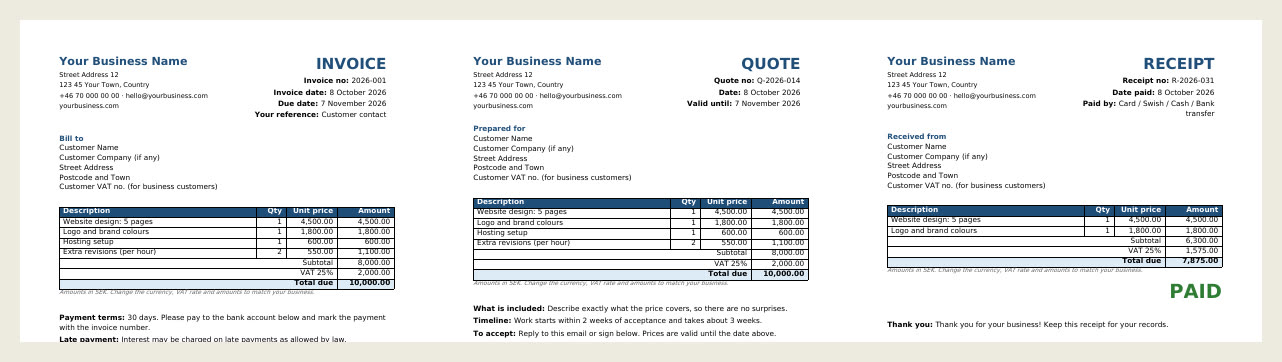 The invoice, quote and receipt templates