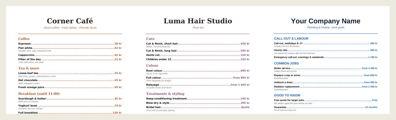 Café menu, salon price list and trades price list